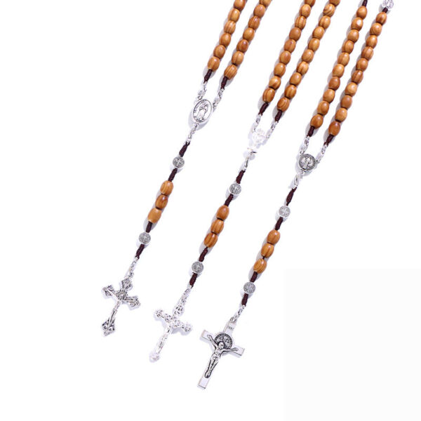 KOMi Handmade Wooden Rosary Cross Pendant Necklace Weave Round Antique Vintage Catholic Religious Jesus Jewelry Wholesale