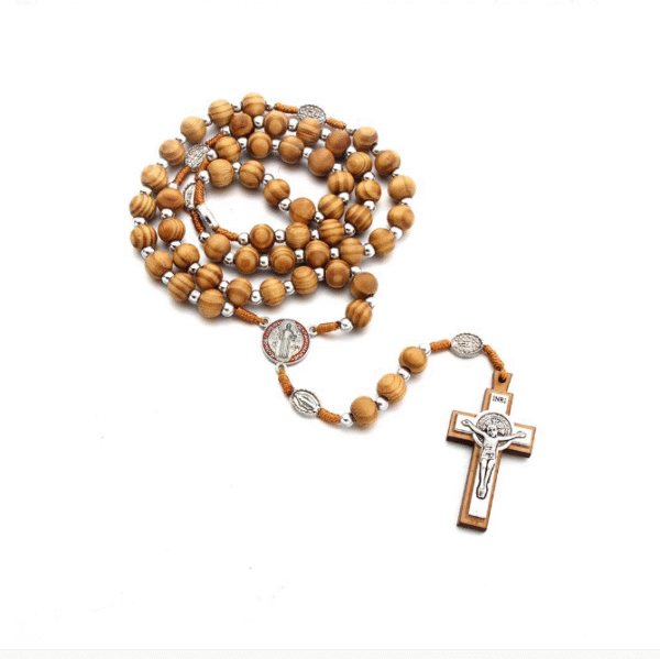 Komi Wooden Rosary Vintage Virgin Mary Center Beads Cross Crucifix Pendant Prayer Jewelry Necklace