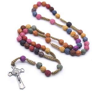 2024 Religious Resin Colored Rose Shaped Beads Rosaries Necklace Cross Crucifix Pendant Line Necklaces