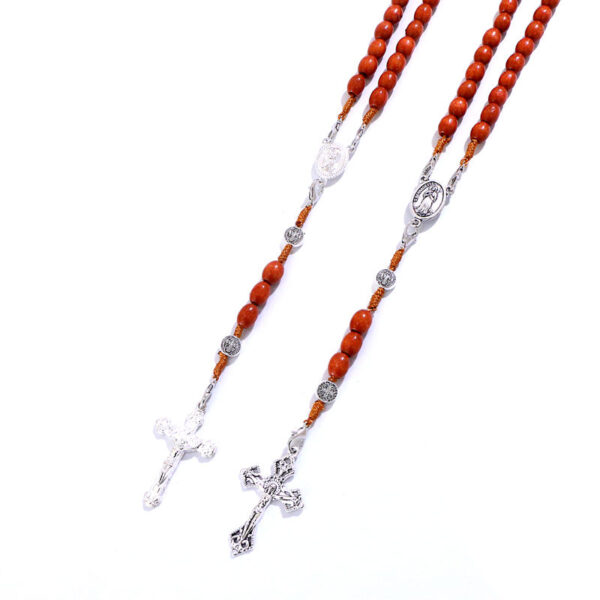 KOMi Handmade Weave Round Antique Wooden Rosary Cross Necklace Vintage Catholic Religious Jesus Jewelry Wholesale 2 Color Beads