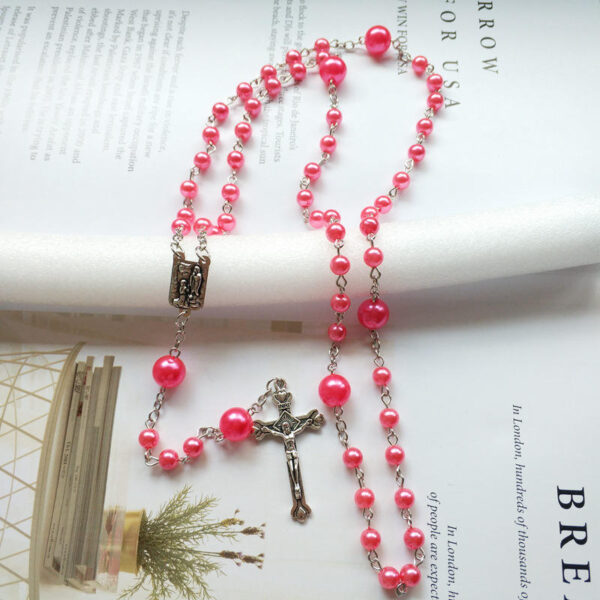 Komi Pearl Multi Colourful Rose Bead Our Lady of Lourdes Virgin Mary Medals Necklaces Religious Cross Prayer Rosary Necklace