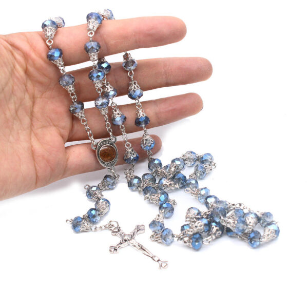 2023 Komi Catholic Metal Virgin Mary Centerpiece Crucifix Cross Glass Crystal Beads Prayer Rosary Necklace