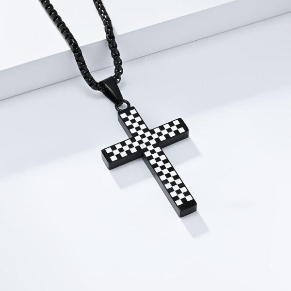 KOMI Cross Necklace for Men Black and White Checkerboard Gold Black Plated Stainless Steel Cross Pendant Necklace 24Inches Chain