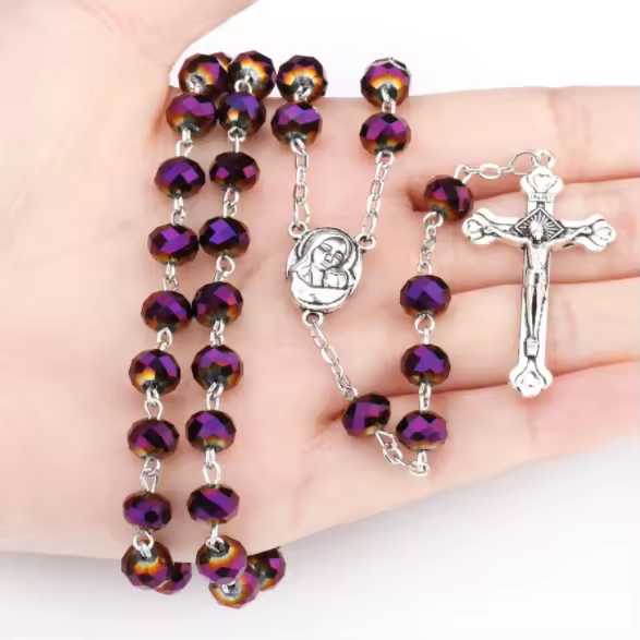 Hot Sell Rosary 8*6mm Glass Cut Face Crystal Jesus Cross Christ Maria Stock Rosary Necklace