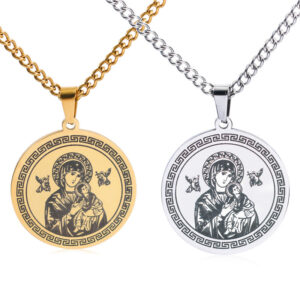 KOMI Stainless Steel Miraculous Medal Pendant Necklaces Virgin Mary Round Coin Pendant Titanium Long Chain Necklace in 24 Inch
