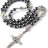 Wholesale Religion Catholic Black Gallstones Hematite Beads Saint Benedict Alloy Jesus Cross Pendant Rose Bead Necklace