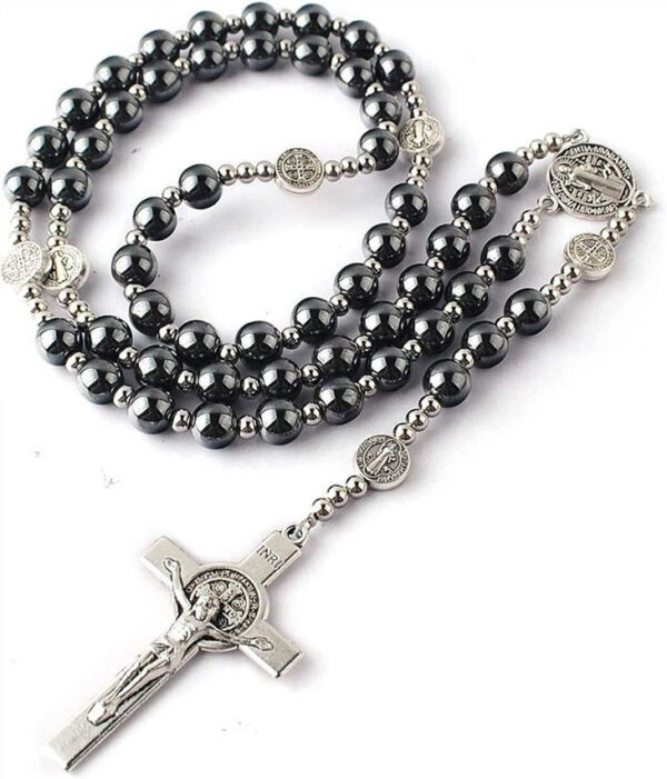 Wholesale Religion Catholic Black Gallstones Hematite Beads Saint Benedict Alloy Jesus Cross Pendant Rose Bead Necklace
