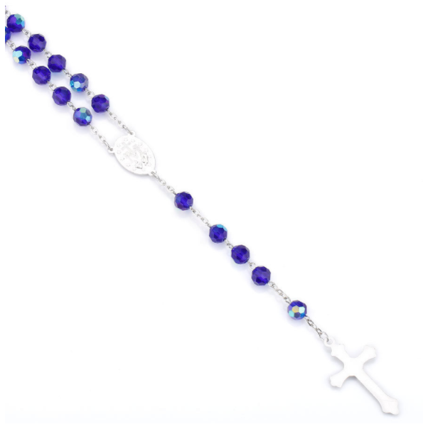 2024 Hot Sell Rosary Dark Blue Glass Crystal Jesus Cross Christ Maria Stock Necklace