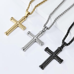KOMI Cross Necklace for Men Silver Black Gold Stainless Steel Textured Cross Pendant Necklace for Men Wheat Chain 24 Inch Gifts