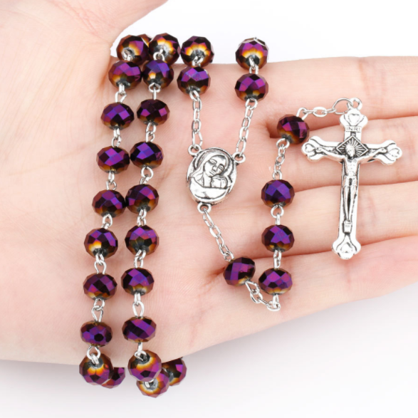2023 Hot Sell Rosary 8*6mm Glass Cut Face Crystal Jesus Cross Christ Maria Stock Rosary Necklace