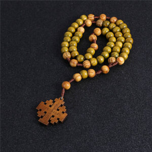 KOMi Vintage Wooden Rosary Beaded Jesus Wooden Cross Pendant with Jerusalem Necklace for Women Men Fashion Religious Jewelry