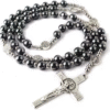 Wholesale Religion Catholic Black Gallstones Hematite Beads Saint Benedict Alloy Jesus Cross Pendant Rose Bead Necklace
