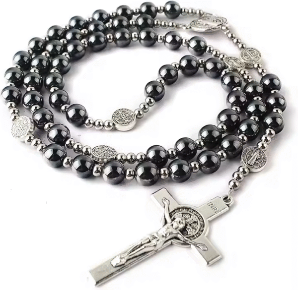 Wholesale Religion Catholic Black Gallstones Hematite Beads Saint Benedict Alloy Jesus Cross Pendant Rose Bead Necklace