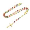 Wholesales Rose Beads Colorful Printed Gold and Silver Rosary Crucifix Virgin Mary Pendant Rosary Religious Jewelry Necklace