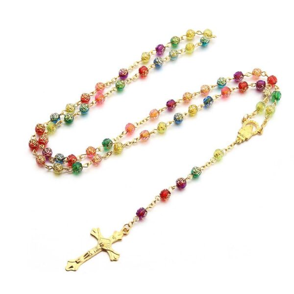 Wholesales Rose Beads Colorful Printed Gold and Silver Rosary Crucifix Virgin Mary Pendant Rosary Religious Jewelry Necklace