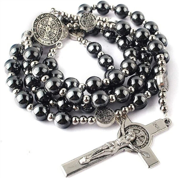 Wholesale Religion Catholic Black Gallstones Hematite Beads Saint Benedict Alloy Jesus Cross Pendant Rose Bead Necklace