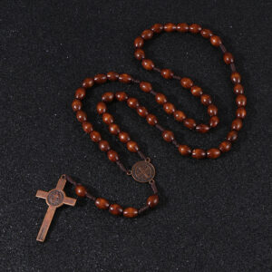 KOMi Christ Wooden Beads 9*10mm Rosary Bead Cross Pendant Woven Rope Chain Necklace Religious Jewelry Accessories R-192