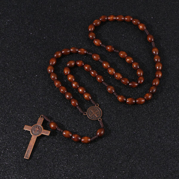 KOMi Christ Wooden Beads 9*10mm Rosary Bead Cross Pendant Woven Rope Chain Necklace Religious Jewelry Accessories R-192