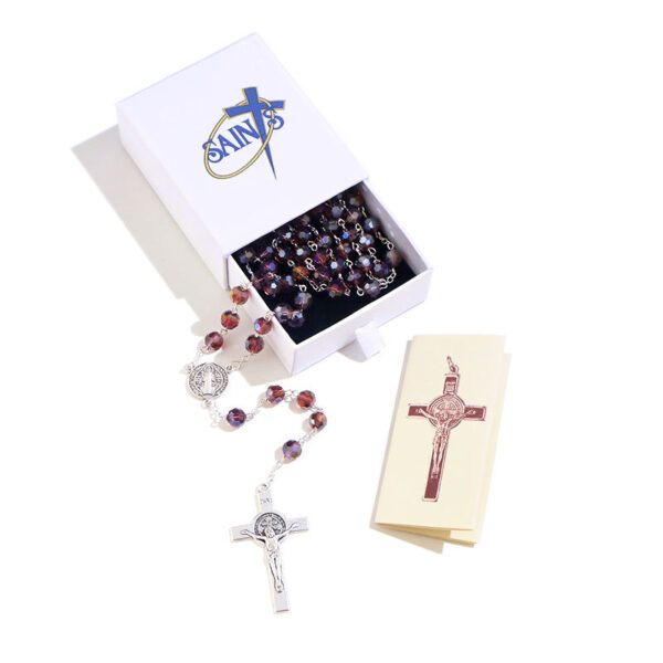 2024 Komi Wholesales Christian Purple Crystal Beads Rosary Crucifix Pendant Prayer Necklace with Custom Logo Box