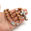 Komi Wooden Rosary Vintage Virgin Mary Center Beads Cross Crucifix Pendant Prayer Jewelry Necklace