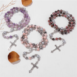Hot Holy Catholic Blue Glass Stone Beads Rosary Necklace With Sliver Jesus Cross Religious Necklace