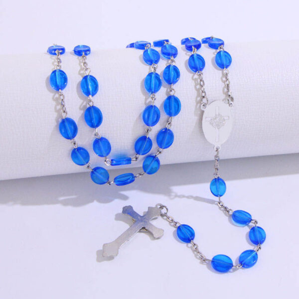 2023 Komi Wholesales Religious Rosary Blue Plastic Beads Prayer Women Jesus Cross Pendant Jewelry Rosary Necklace