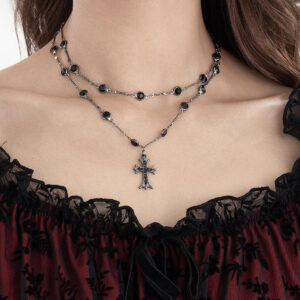KOMI Sweet Star Cross Pendant Necklace for Women Cool Gothic Rhinestone Crystal Tassels Layered Punk Choker Necklace for Girls