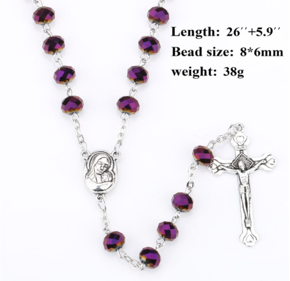 2023 Hot Sell Rosary 8*6mm Glass Cut Face Crystal Jesus Cross Christ Maria Stock Rosary Necklace