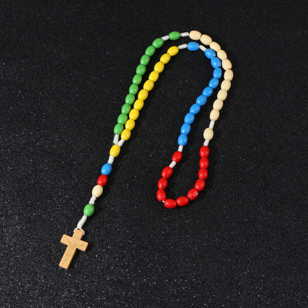 KOMi Handmade Wooden Rosary Cross Pendant Necklace Jesus Weave Colored Beads Child Girl Catholic Religious Fashion Jewelry R-190
