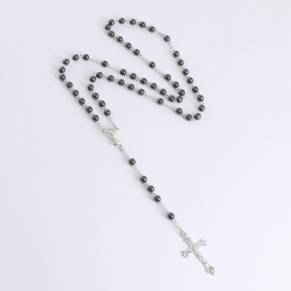 Komi Hot Sell Rosary Black Gallstones Necklaces Jesus Virgin Mary Catholic Religious Rosary Necklace for Pary