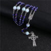 Blue Glass Stone Bead Cross Pendant Necklace Rosary ReligionCatholic Handmade Necklace Jewelry Good Quality