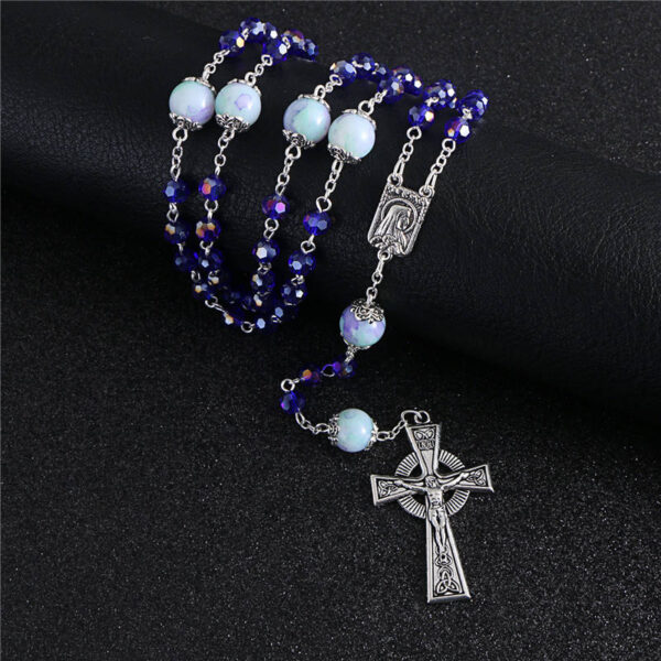 Blue Glass Stone Bead Cross Pendant Necklace Rosary ReligionCatholic Handmade Necklace Jewelry Good Quality