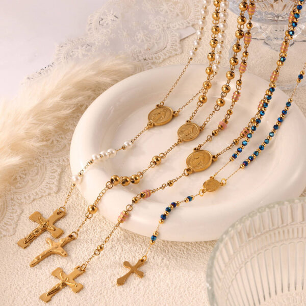 KOMI Gold Beaded Rosary Necklace for Women Stainless Steel Y Necklace Beads Chain Crucifix Cross Pendant Necklaces for Women