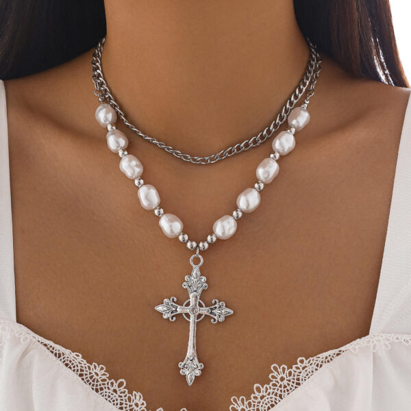 ce7dad7cf063d96ece39215a9bf9e9be_H56ebee1bf62b411db5be7d18096efd09A_avif=close&webp=close KOMI Womens Punk Cross Necklace Pearl Necklace Layered Pearl Chain Silver Gold Large Rhinestone Cross Pendant Necklace for Women