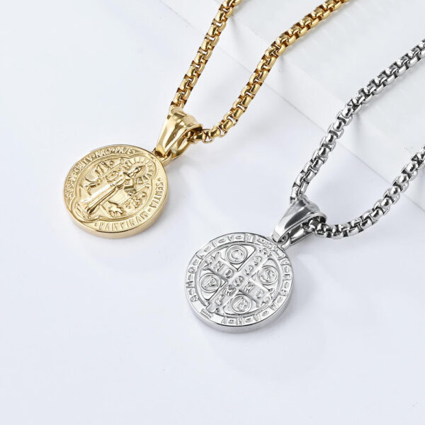KOMI Saint Benedict Exorcist Necklace for Men Silver Black Gold Stainless Steel St.Benedict Medal Coin Pendant Necklace for Men