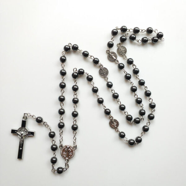 Komi Whosale Religious Jewelry 6mm Hematite Rosary Beads Cross Pendant Necklaces