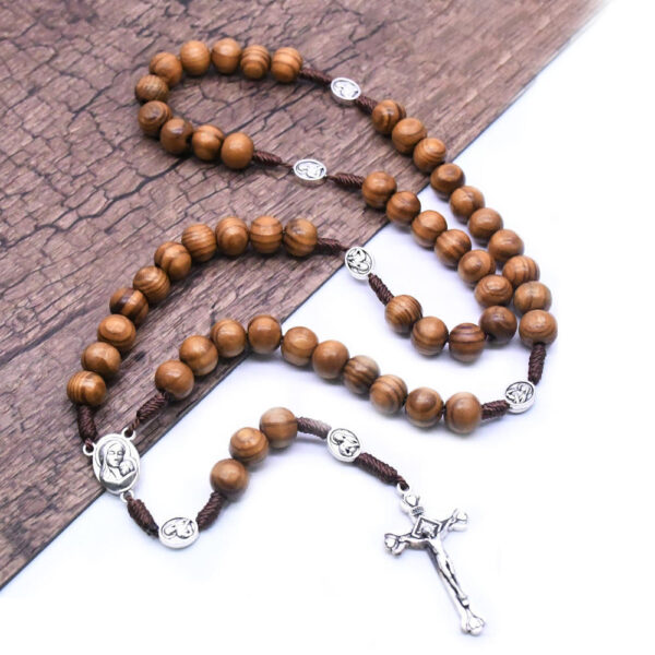 Catholic Brown Wooden Rosary Beads with Soil Orthodox Cross Woven Rope Necklace of Religious Jewelry Men Women