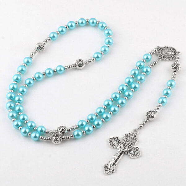 KOMI Women 8mm Purple Pink Pearl Glass Rosary Beads Imitation Pearl Beads Silver Rose Beaded Rosary Cross Pendant Necklaces Gift