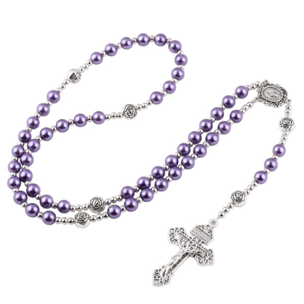 KOMI Women 8mm Purple Pink Pearl Glass Rosary Beads Imitation Pearl Beads Silver Rose Beaded Rosary Cross Pendant Necklaces Gift