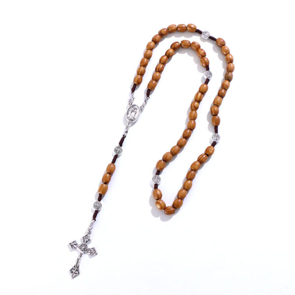 KOMi Handmade Wooden Rosary Cross Pendant Necklace Weave Round Antique Vintage Catholic Religious Jesus Jewelry Wholesale