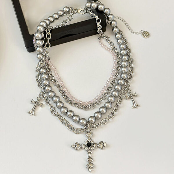 KOMI Punk Layered Necklace Crystal Beads Metal Chain Baroque Pearl Beaded Folded Cross Pendant Chokers Necklaces for Women Girls