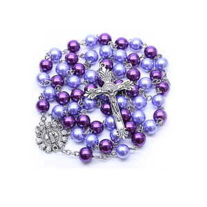 2024 Komi Catholic Two Colors Purple Pearl Beads Rosary Jewelry Para Rosarios Cross Pendant Necklace