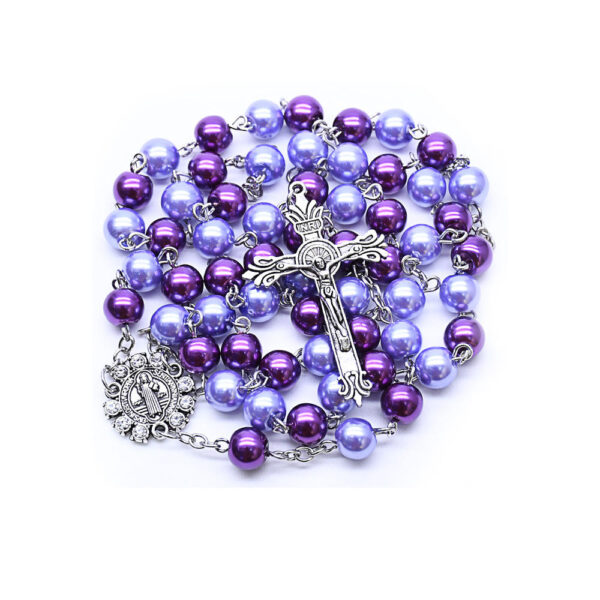2024 Komi Catholic Two Colors Purple Pearl Beads Rosary Jewelry Para Rosarios Cross Pendant Necklace