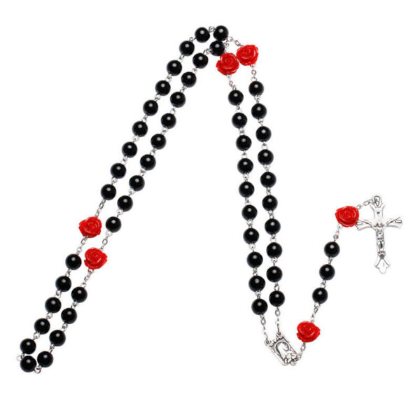 KOMI Multicolor 6mm Imitation Pearl Rose Flowers Catholic Jesus Cross Our Lady of Lourdes Virgin Mary Religious Rosary Necklace