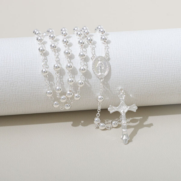 Silver Jesus Cross Pendant Copper Plated 925 Sterling Bright Silver 6mm Bead Rosary Virgin Mary Medal Necklace Religious Jewelry