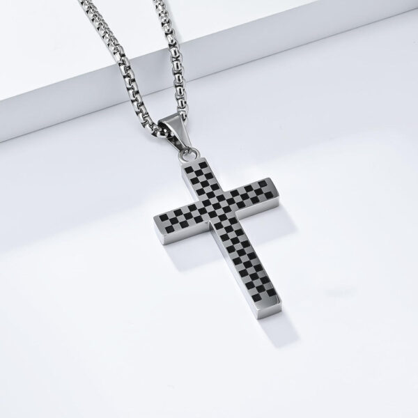 KOMI Cross Necklace for Men Black and White Checkerboard Gold Black Plated Stainless Steel Cross Pendant Necklace 24Inches Chain