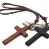 New Hot-selling Retro Style Personalized Leather Rope Necklace Natural Wood Cross hang Tag Sweater Chain