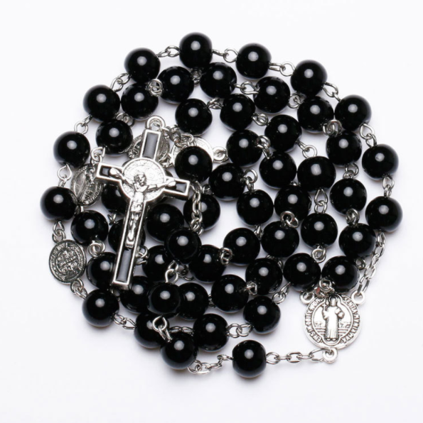2024 Hot Sell Rosary 8mm Black Glass Pearl Jesus Cross Christ Maria Necklace for Pray