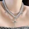 KOMI Punk Layered Necklace Crystal Beads Metal Chain Baroque Pearl Beaded Folded Cross Pendant Chokers Necklaces for Women Girls