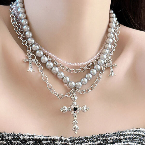 KOMI Punk Layered Necklace Crystal Beads Metal Chain Baroque Pearl Beaded Folded Cross Pendant Chokers Necklaces for Women Girls